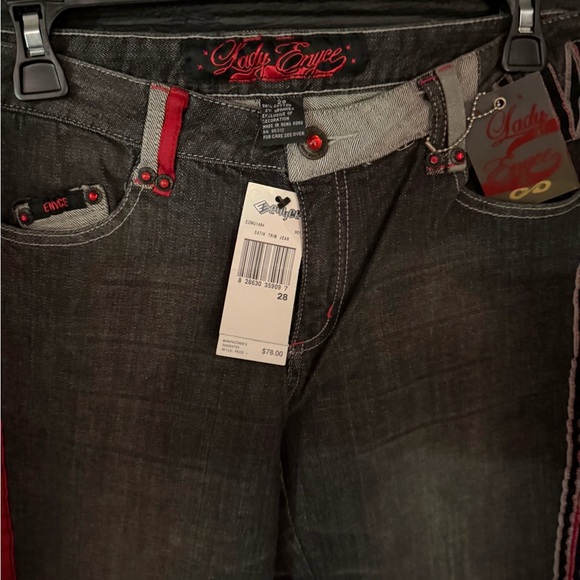 Lady Enyce Y2K Low Rise Flare Jeans Women’s Black Red Satin Trim Deadstock NWT - Picture 4 of 6